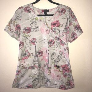Printed Paris Scrub Top with Adjustable Waist